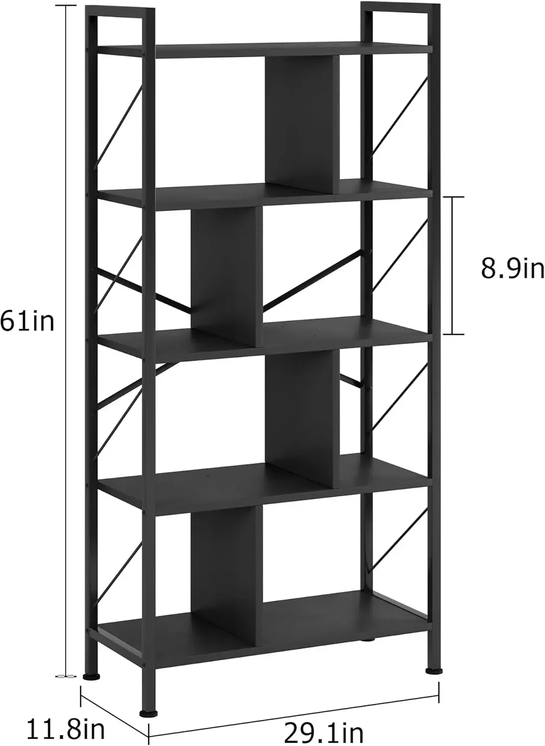 5 Tier Bookshelf with Storage,61 Inch Tall Industrial Book Shelf with Open Display Bookshelves,5 Shelf Bookcase with Metal Frame