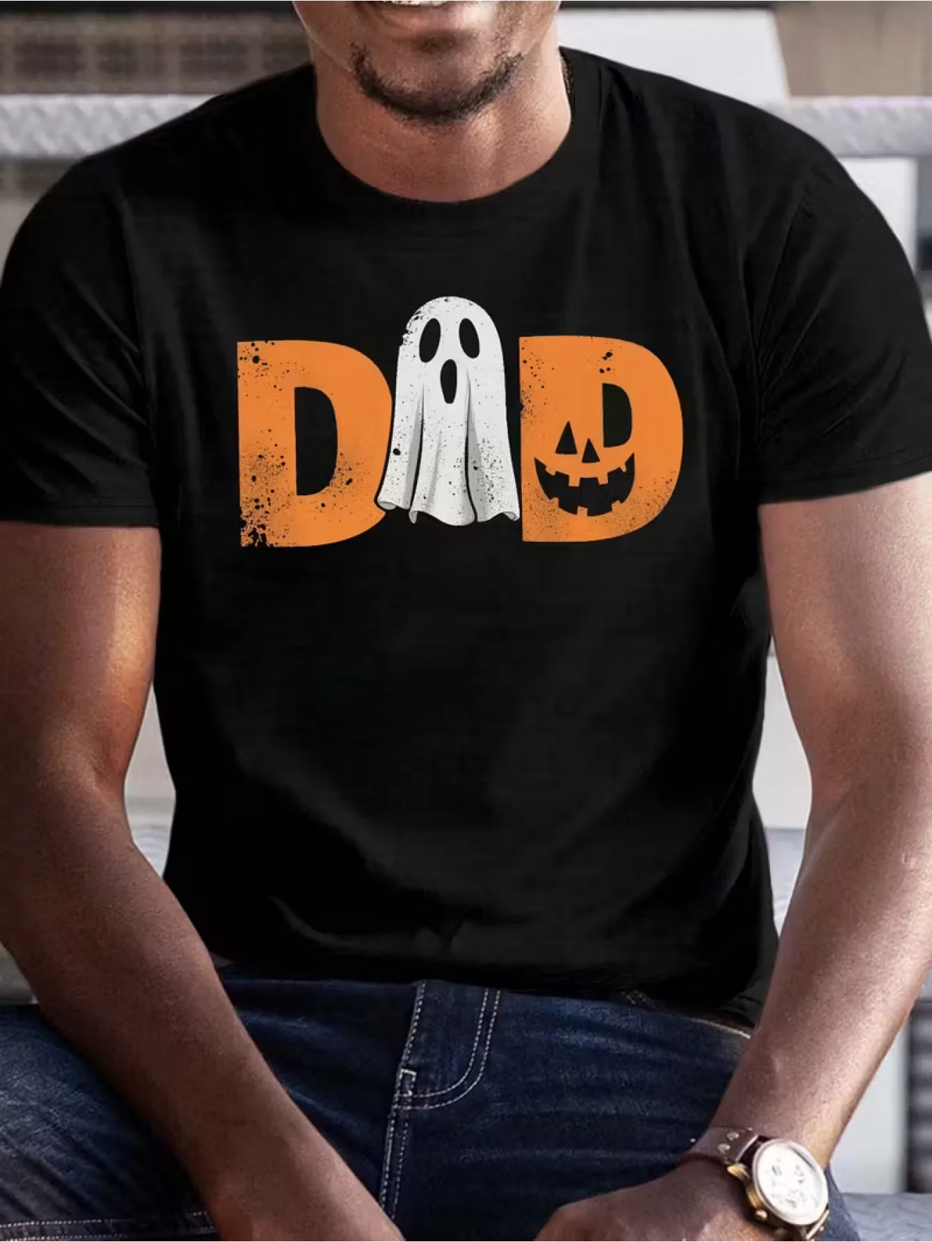 Halloween-T-Shirt für Herren mit Aufdruck „DAD“, Geist, Kürbis und Buchstaben, kurzärmelig, schwarzer Rundhalsausschnitt, lustiges Freizeit-Oberteil für die Feiertage – Detail 4