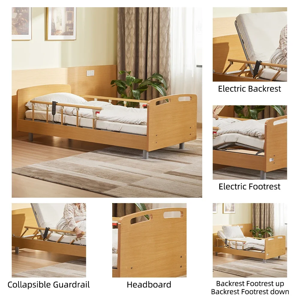 Tecforcare Wooden hospital bed for home electric backrest footrest wooden nursing bed for home care bed for the elderly