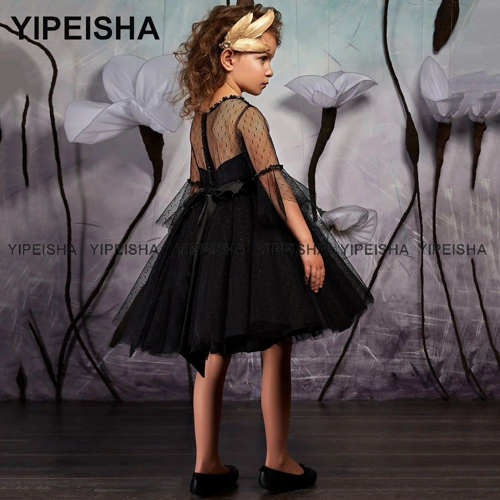 Yipeisha O-neck 3/4 Sleeves Black Girl\'s Party Dress Dot Tulle A Line Knee Length Toddler\'s Prom Gown Formal Dance Wear