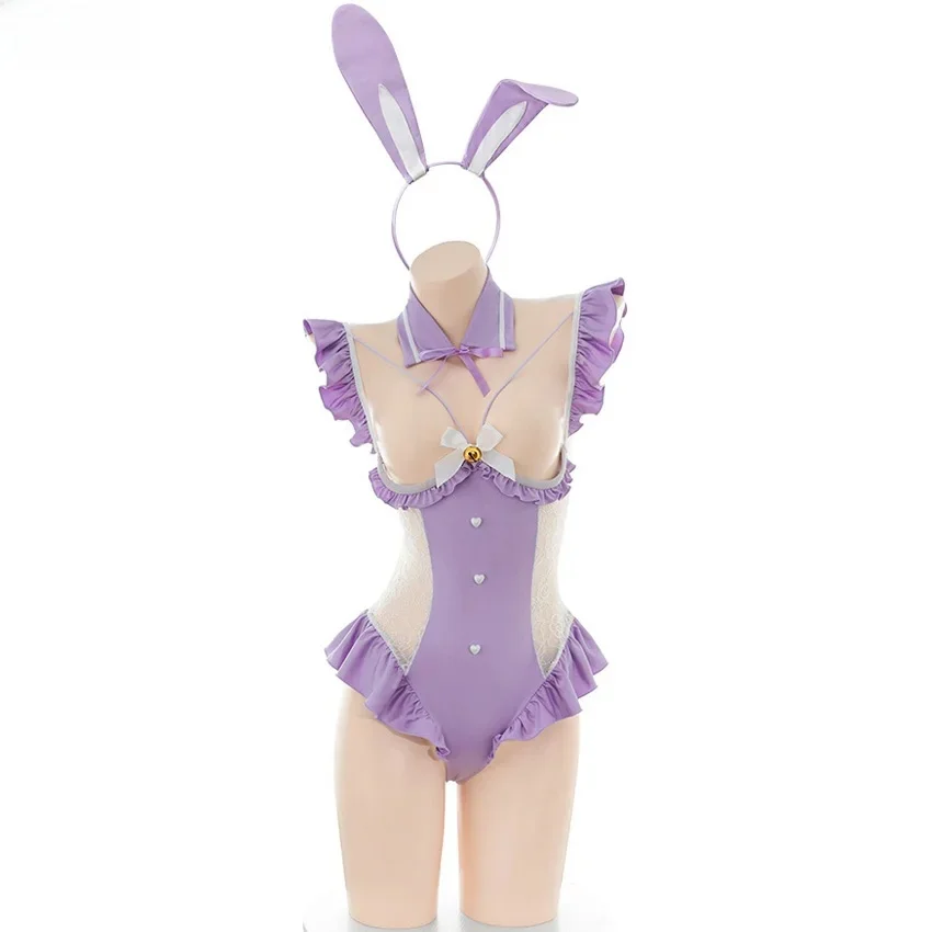 XXOO-uniforme erótico de chica conejito de Anime, lencería Sexy para mujer, mono de encaje púrpura, pijamas tentador, trajes, disfraces eróticos