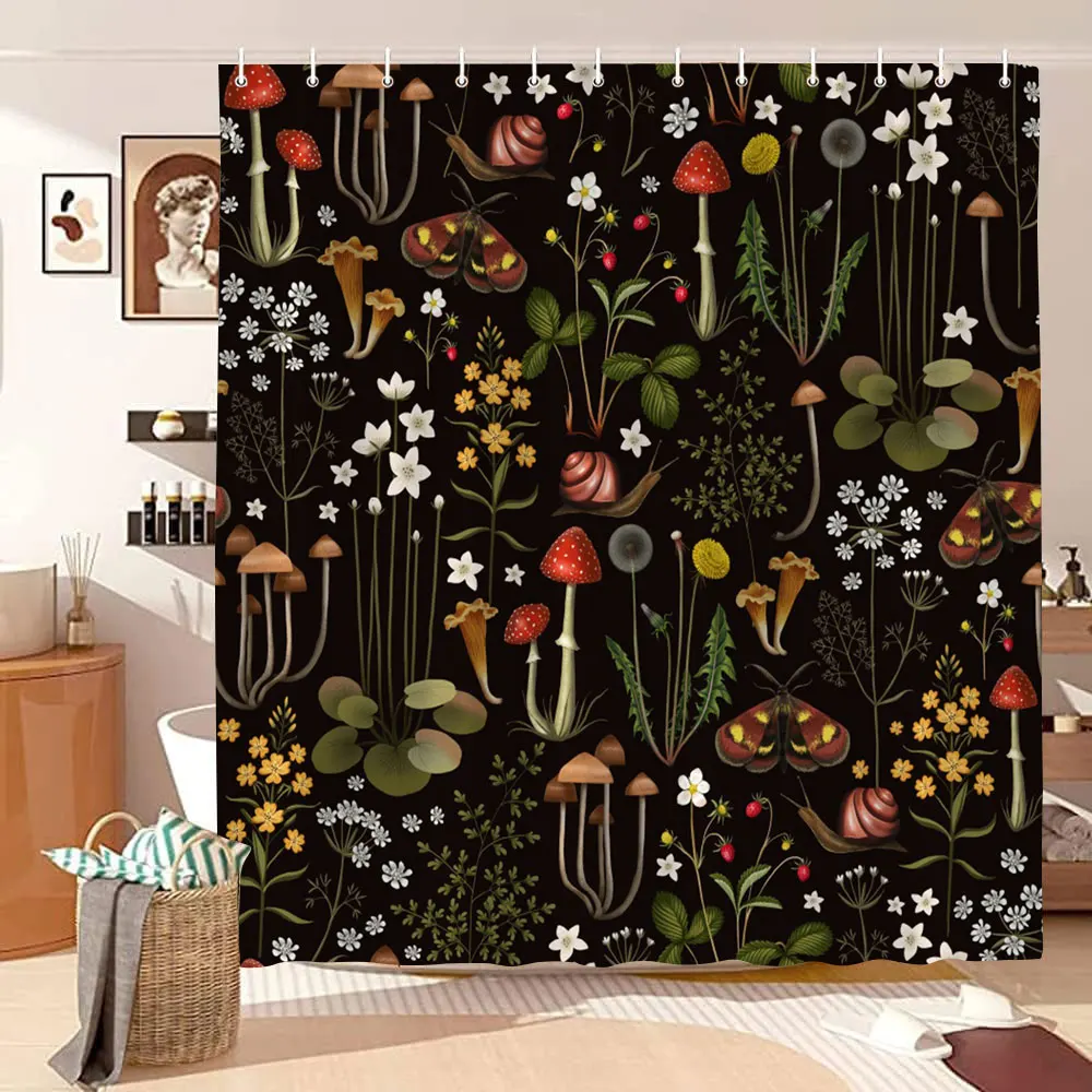 Mushroom Shower Curtain Retro Butterfly Floral Boho Moon Botanical Wildflowers Green Plant Aesthetic Bath Curtain Bathroom Decor