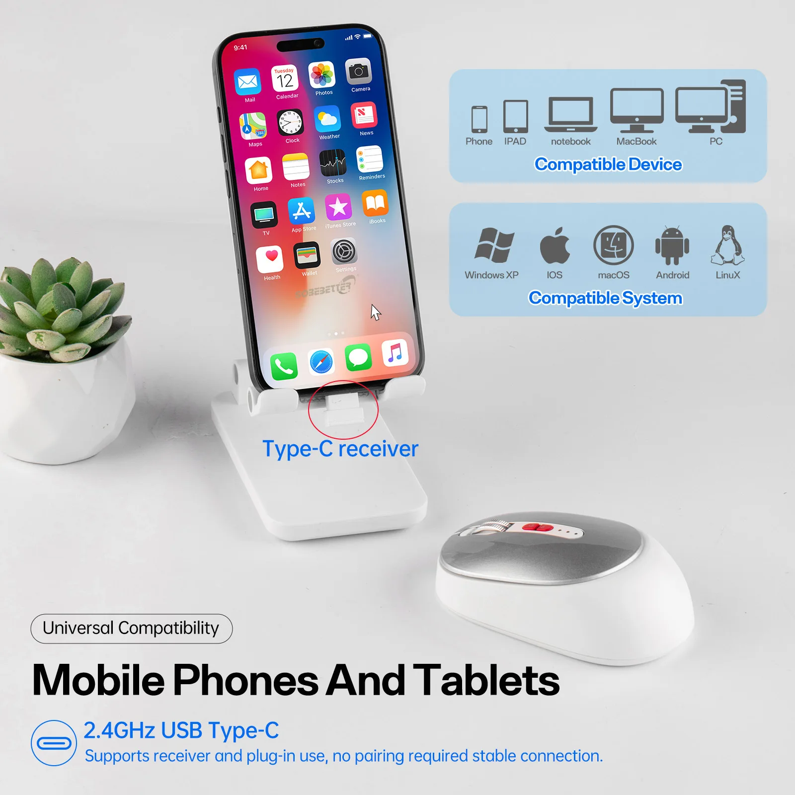 ماوس لاسلكي ثلاثي الوضع قابل لإعادة الشحن، عرض طاقة صامت 1600 ديسيبل متوحد الخواص، مفتاح واحد، العودة إلى الفئران المكتبية لأجهزة الكمبيوتر المحمول والهاتف والكمبيوتر اللوحي #4