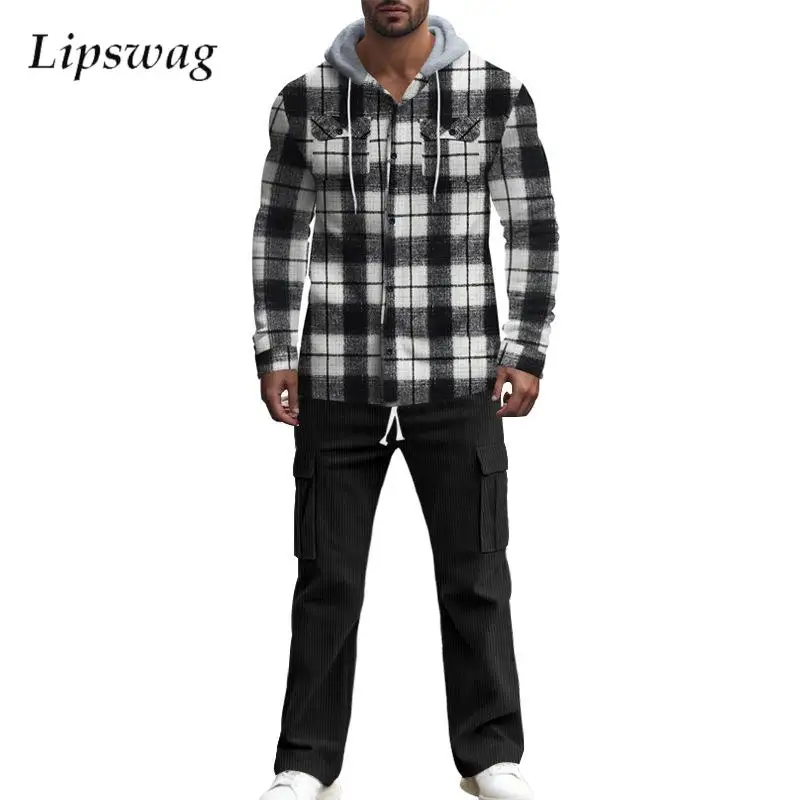 

Fashion Two Piece Suits Mens Autumn Winter Outfits Vintage Hooded Long Sleeve Flannel Plaid Jackets And Corduroy Pants Sets Men