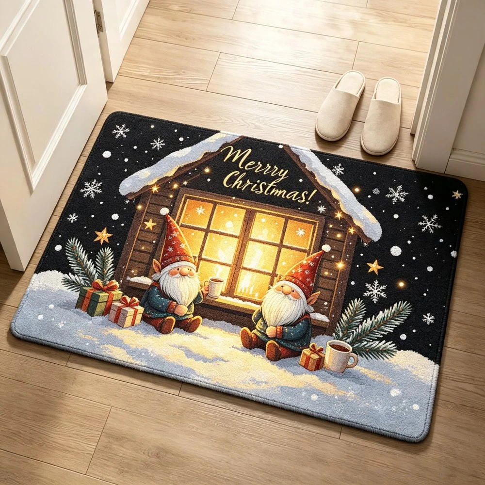 Jingle Bells Gold Bell Mat Red Bow Pine Branch Snowflake Print Non Slip Washable Floor Mat For Christmas Front Porch Decor