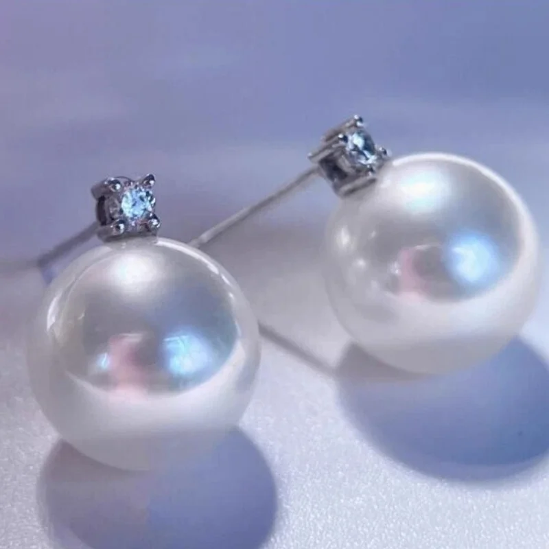 Gorgeous Oversized AAAA+ 10-11mm Natural South China Sea round White Pearl Earrings 18K White Gold