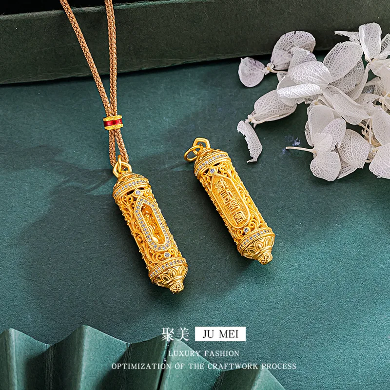 Luxury 9999 24K real gold ethnic style Buddha light rotating cylinder niche micro-inlaid niche high-end sense rotating pendant