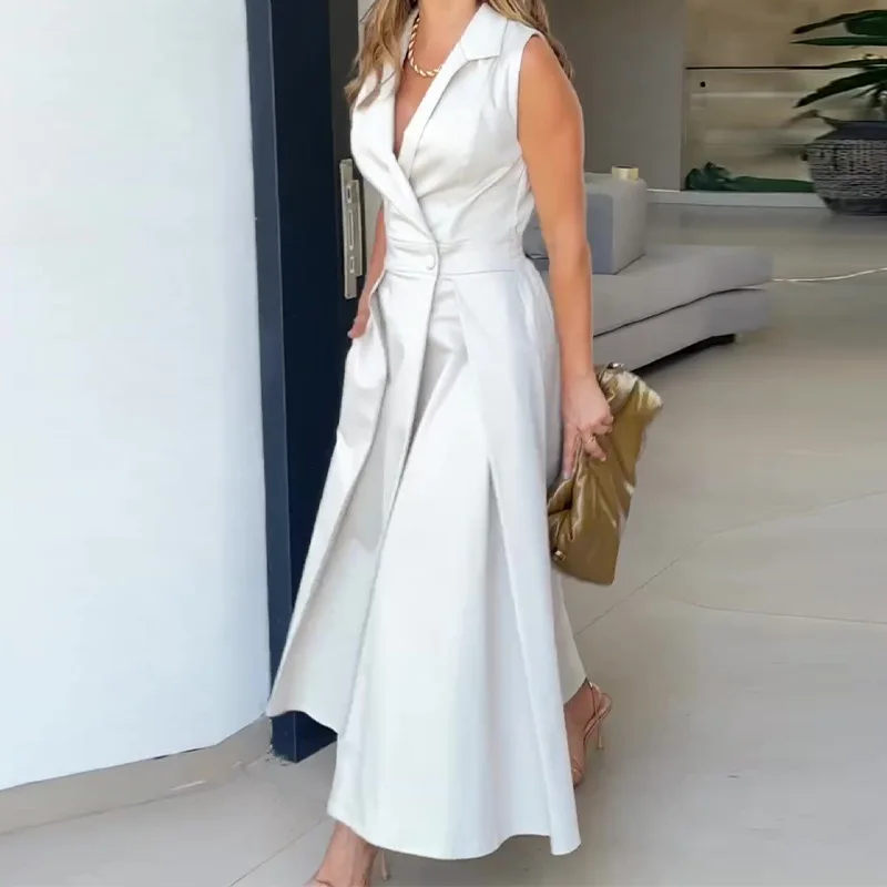 Casual Dress for Women Summer Solid Lapel Shirt Dress 2024 Pleated Sleeveless Long Dress Temperament Bare Shoulder Sexy Dresses