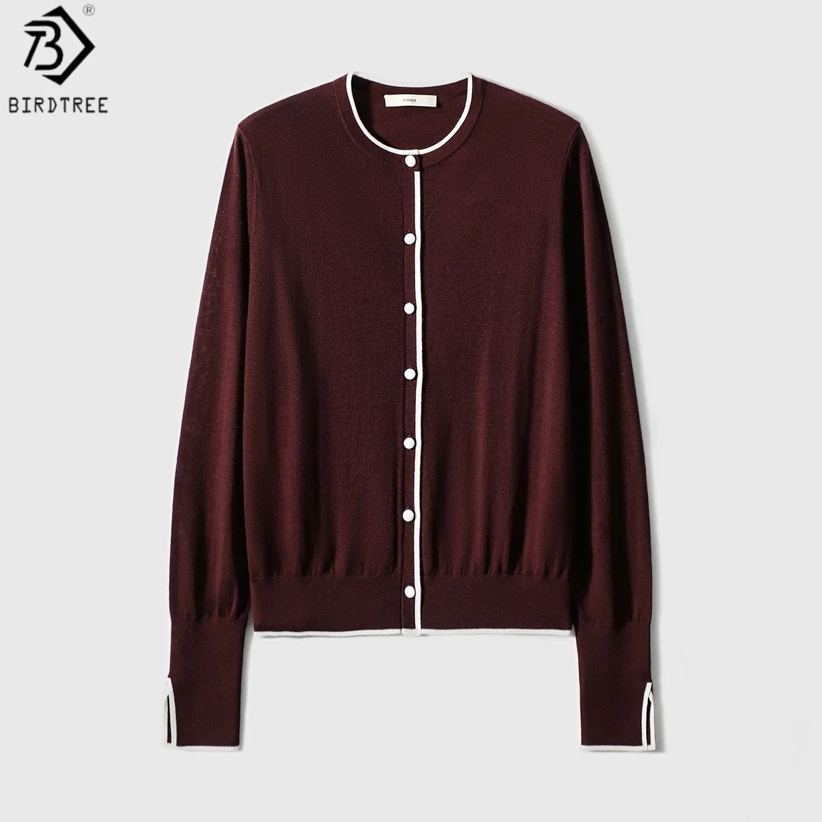 Birdtree, 100% Sheep Wool Color-blocking Cardigan, O-neck Knitted Tops, Women's Single Breasted Coat, 2026 Autumn New T67012JF