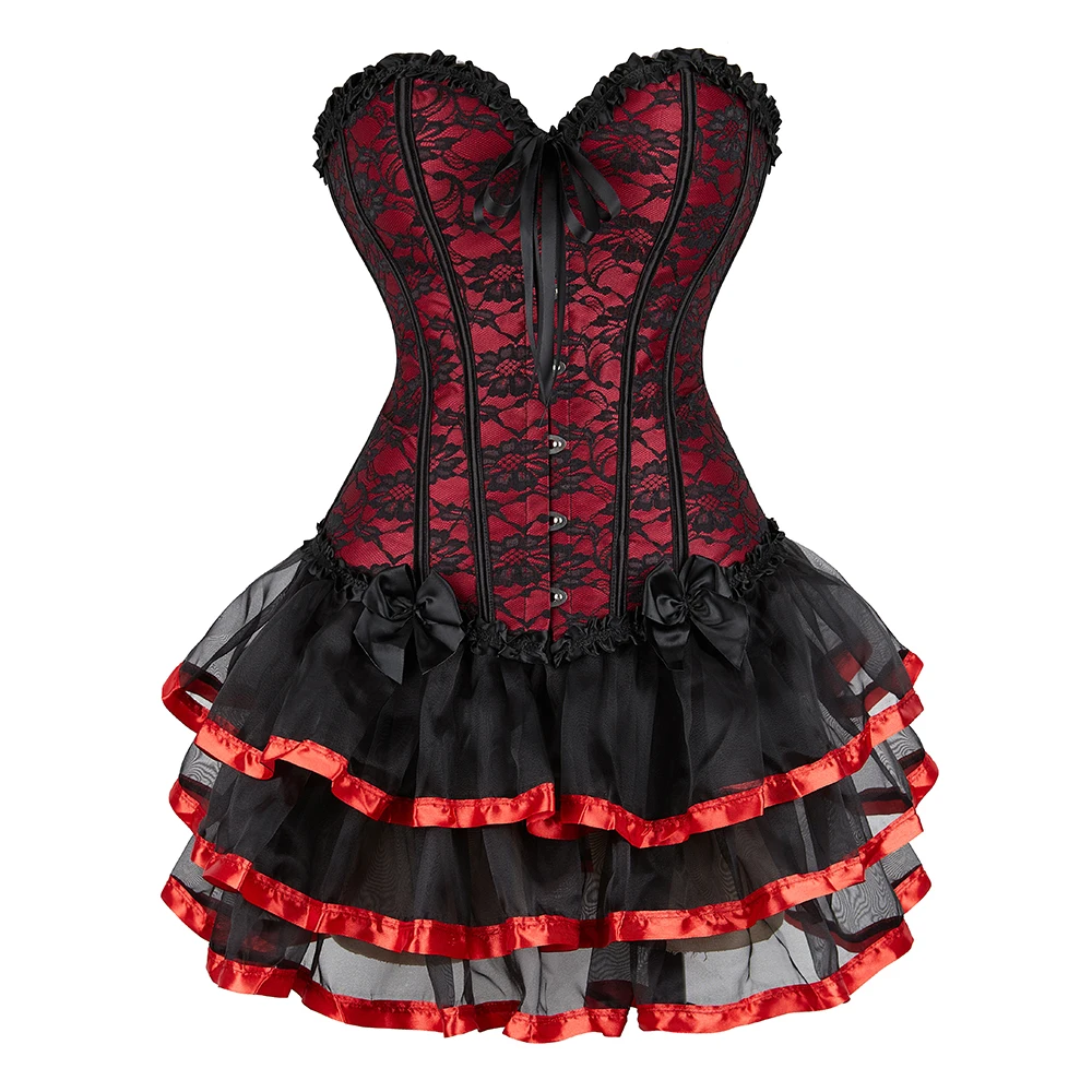 Lolita Style Red Corset Dress Set Overbust Bustier Top with Mini Layered Tutu Skirt Masquerade Costumes