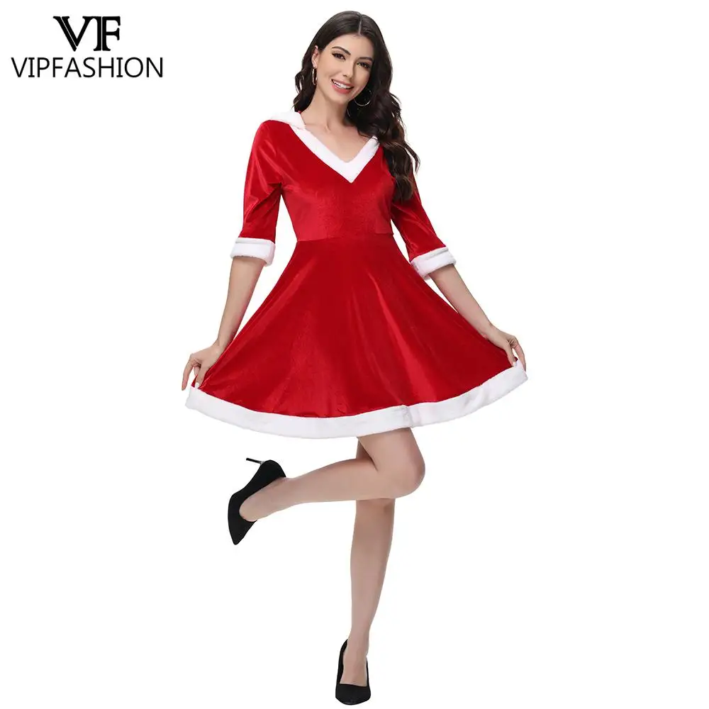 女性のためのフード付きサンタクロースドレス,赤いベルベットドレス,半袖,Vネック,セクシーなクリスマスウェア,パーティーコスチューム,VIPファッション