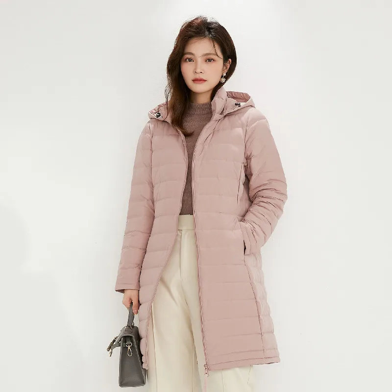 2025 Nieuwe Naadloze Vrouwen Lichtgewicht X-Lange Donsjack 90% Witte Eendendons Vrouwen Koreaanse Slanke Rok display Skinny Jas