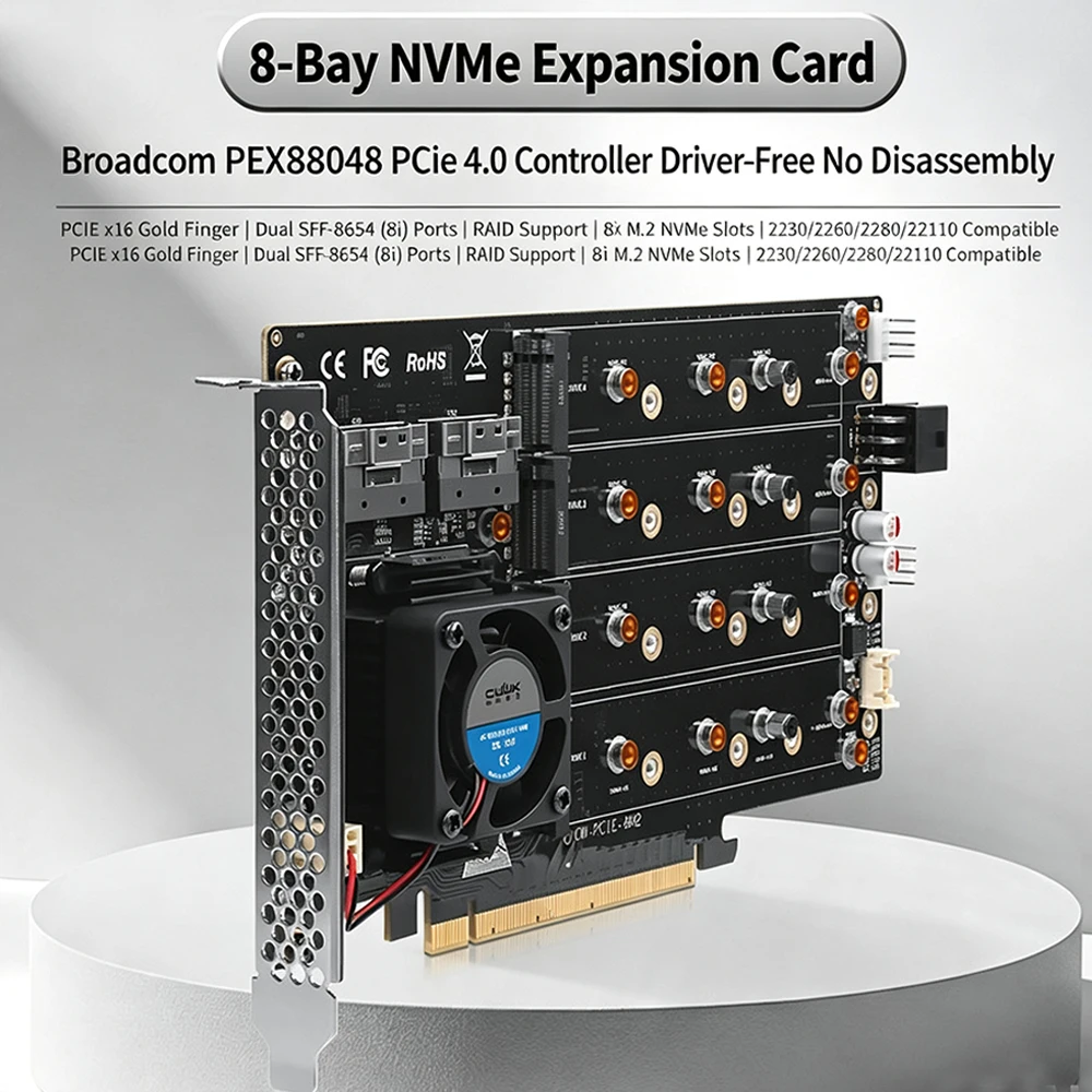 8‑Slot M.2 NVMe PCIe4.0 X16 RAID Expansion Card PEX88048 Chip No Bifurcation/ Driver Required Soft‑RAID Adapter for M.2 NVMe SSD