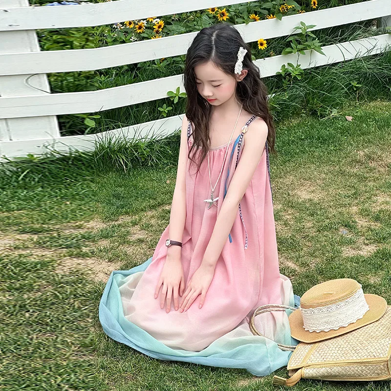 สไตล์ฝรั่งเศสเด็ก Designer Luxury Pink Gradient Beach Dress สําหรับสาว Elegant Vintage วันหยุดเสื้อผ้าเด็กชุดเดรสแขนกุด
