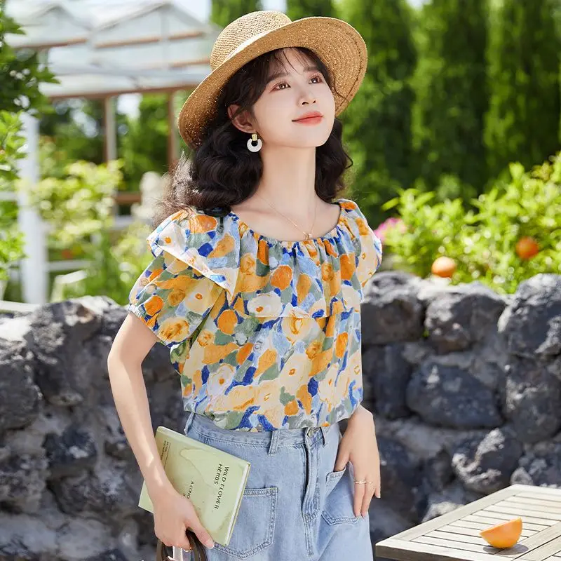 French Style One Shoulder Bubble Sleeve Floral Chiffon Shirt for Women\'s 2024 Summer New Loose Slimming Casual Trendy Chic Top