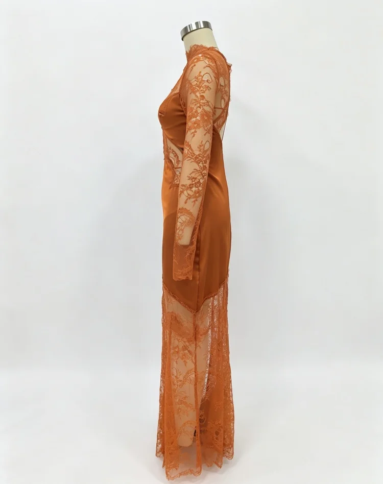 Spitzen-Maxikleid mit Stehkragen für Damen, transparente Spitzenüberlage, Satinfutter, lange Ärmel, Meerjungfrauen-Saum, elegantes formelles Damenkleid – Detail 3
