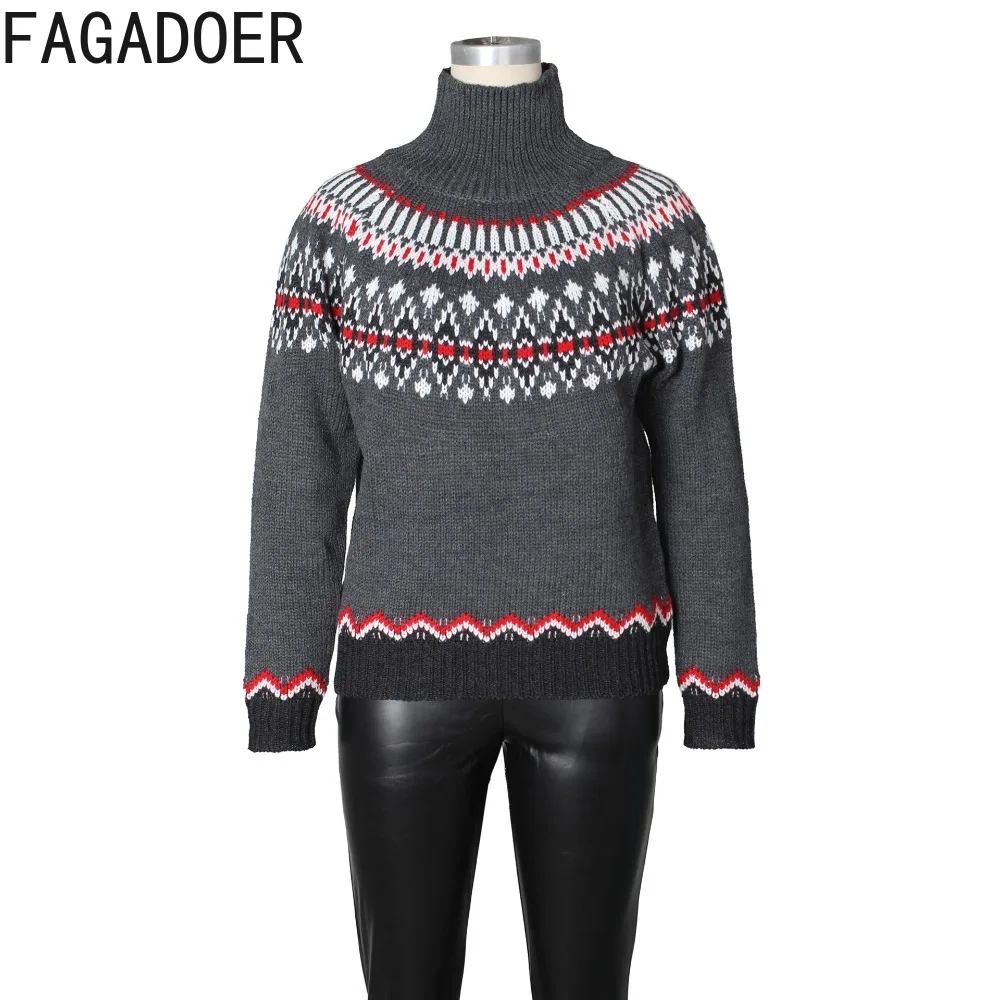 เสื้อไหมพรมแฟชั่นฤดูหนาวลายพิมพ์ใหม่สำหรับผู้หญิง คอสูง แขนยาว สีสันตัดกัน สไตล์สตรีทแวร์