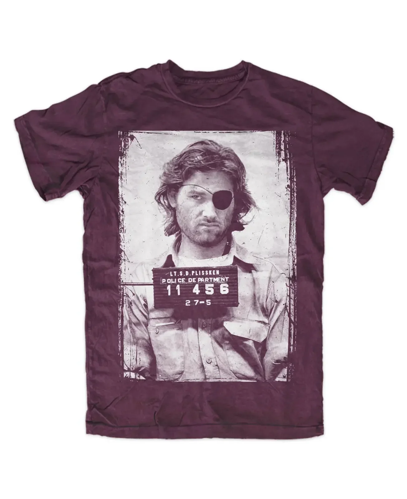 Snake Plissken Mugshot T Shirt Burgundy New York escape snake film Kurt