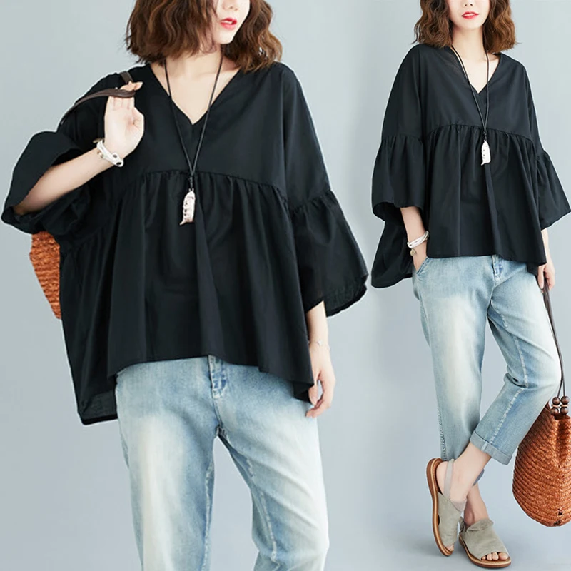 

Асимметричная плиссированная футболка больших размеров, женская одежда, кукла-трапеция irt Seven-Quarter Sve, обычный тонкий летний топ