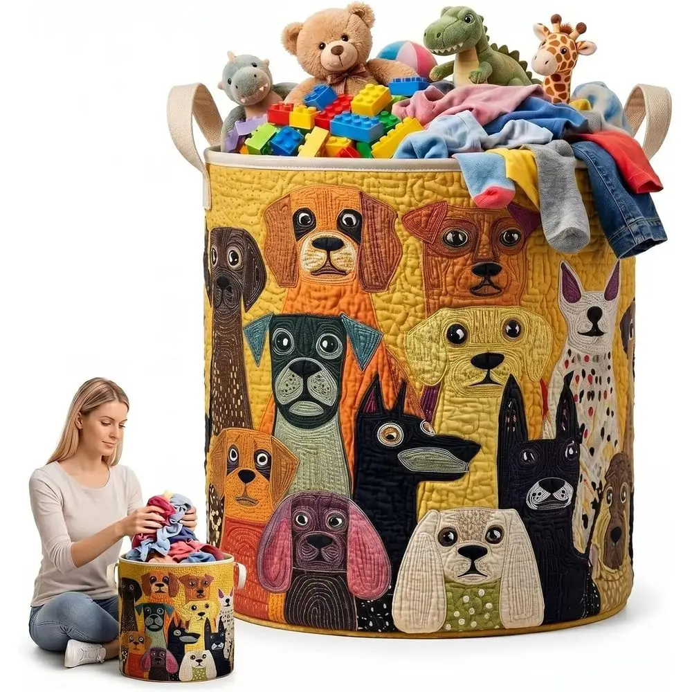 Quilted Dogs Laundry Basket Large abric Clothes Hamper Yellow Art Toy Storage Bin Collapsible Basket or Bedroom Closet(20