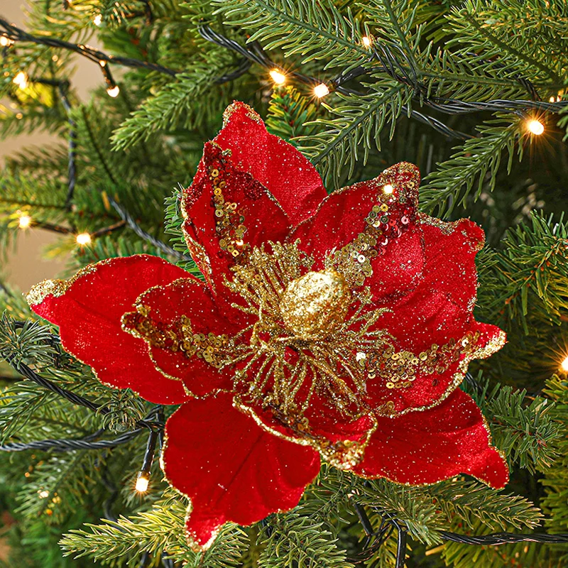 Large Glitter Artificial Christmas Flowers DIY Fake Flowers Xmas Tree Ornaments For Home New Year Decoration Supplies