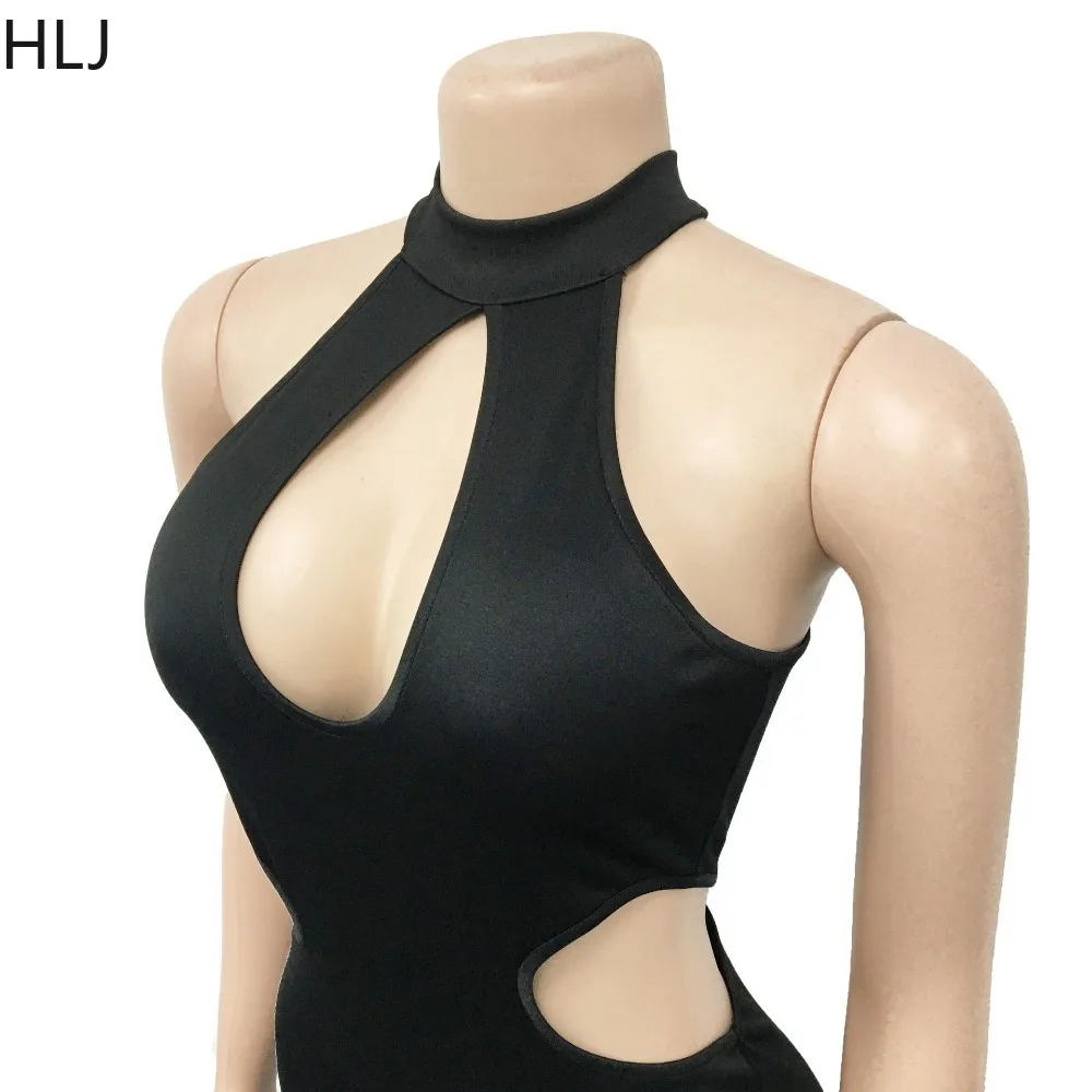 HLJ-monos ajustados con cuello Halter ahuecado para mujer, traje liso sin mangas, de una pieza, Sexy, para fiesta y Club