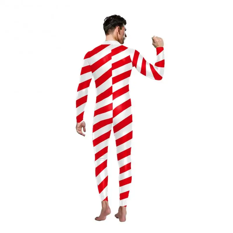 Kleur Candy Cane Cosplay Romper Kerst Rode Streep Jumpsuit Kostuum Kerst Show Nieuwigheid Outfit Vakantie Feesthoed Paar Pak