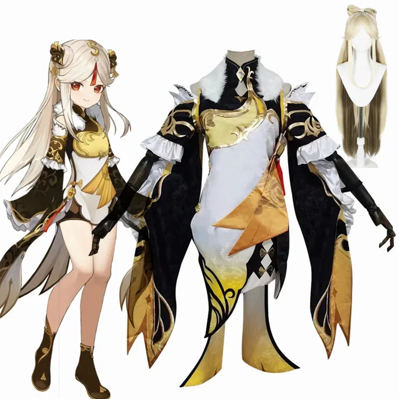 

Game Genshin Impact Ningguang Cosplay Costume New Skin Ning Guang Golden Outfit Include Dress Wig for Cosplay Lovers