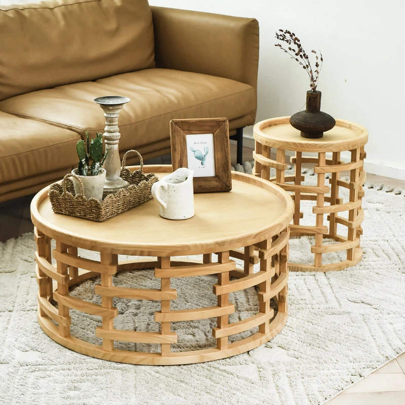 

Medieval solid wood hollow round log wind coffee table retro creative design pastoral style coffee table B & B living room