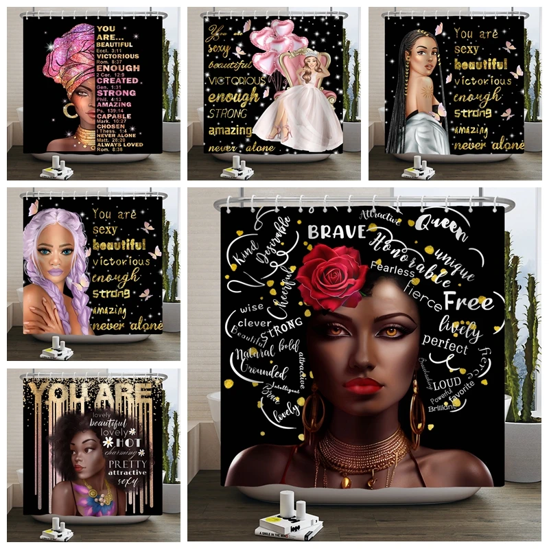 

Black Woman African American Bathroom Shower Curtain Afro Quotes Motivational Inspirational Positive Bible Polyester Waterproof