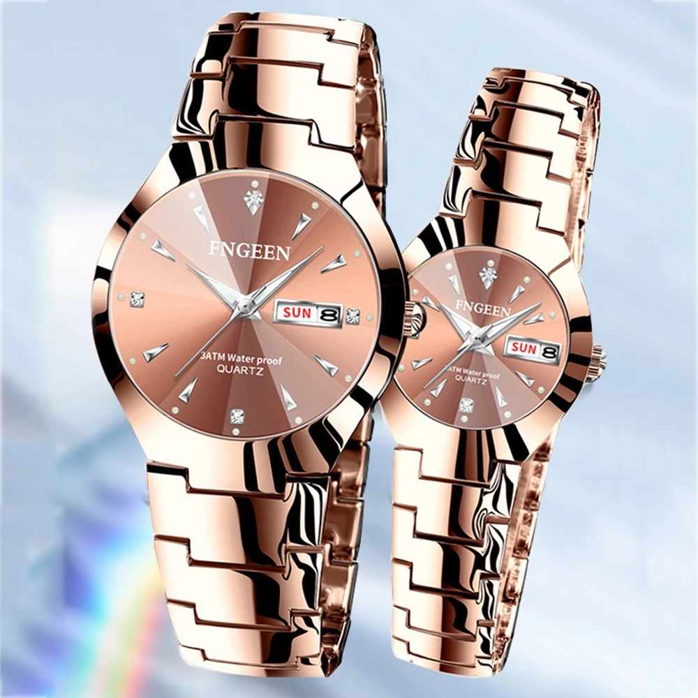 FNGEEN Couple Watch Waterproof Casual Fashion Women Men Quartz Watches Ladies Stainless Date Week Men Clock Lover\'s Date Gift