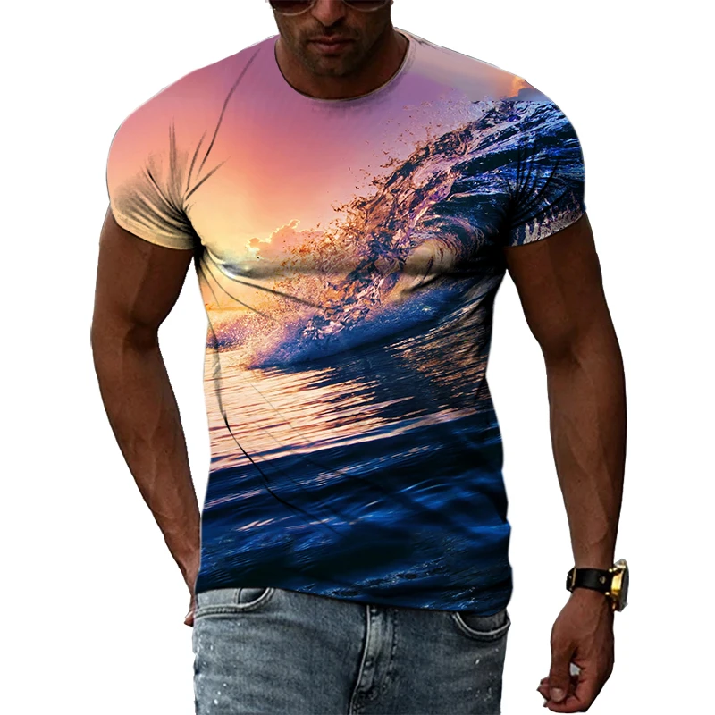New Men's Ocean Wave Beach Pattern T-Shirts 3D Printed Sunset Sunriseo-Neck Tops Summer Personalized Fashion Short Sleeved Tees