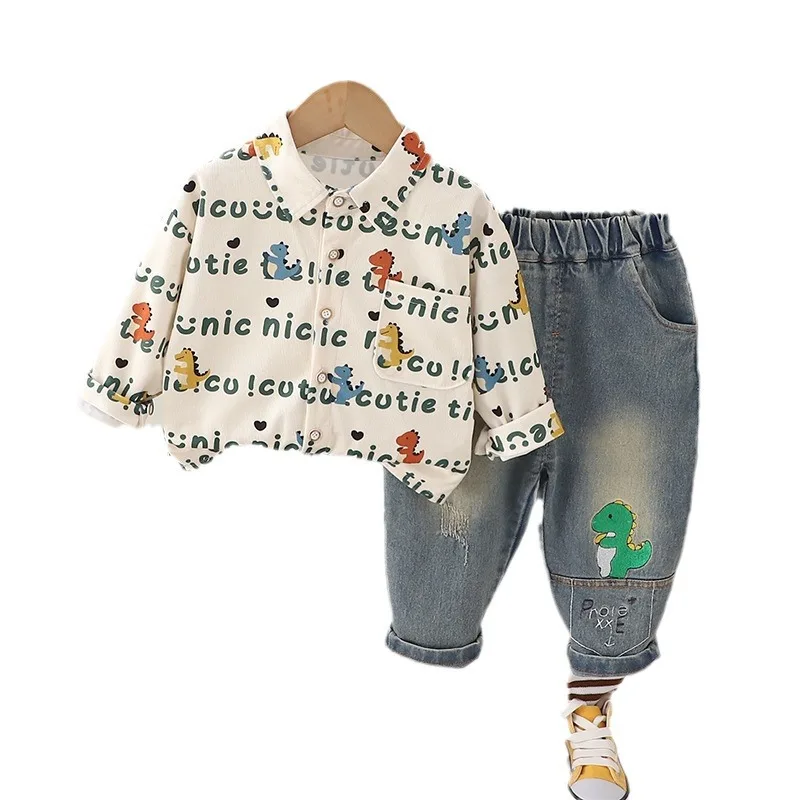 Spring Autumn Toddler Boys 2PCS Clothes Set Letter Printed Polo Sjirts Denim Dinosaurs Pants Suit Children Baby Boys Outfits