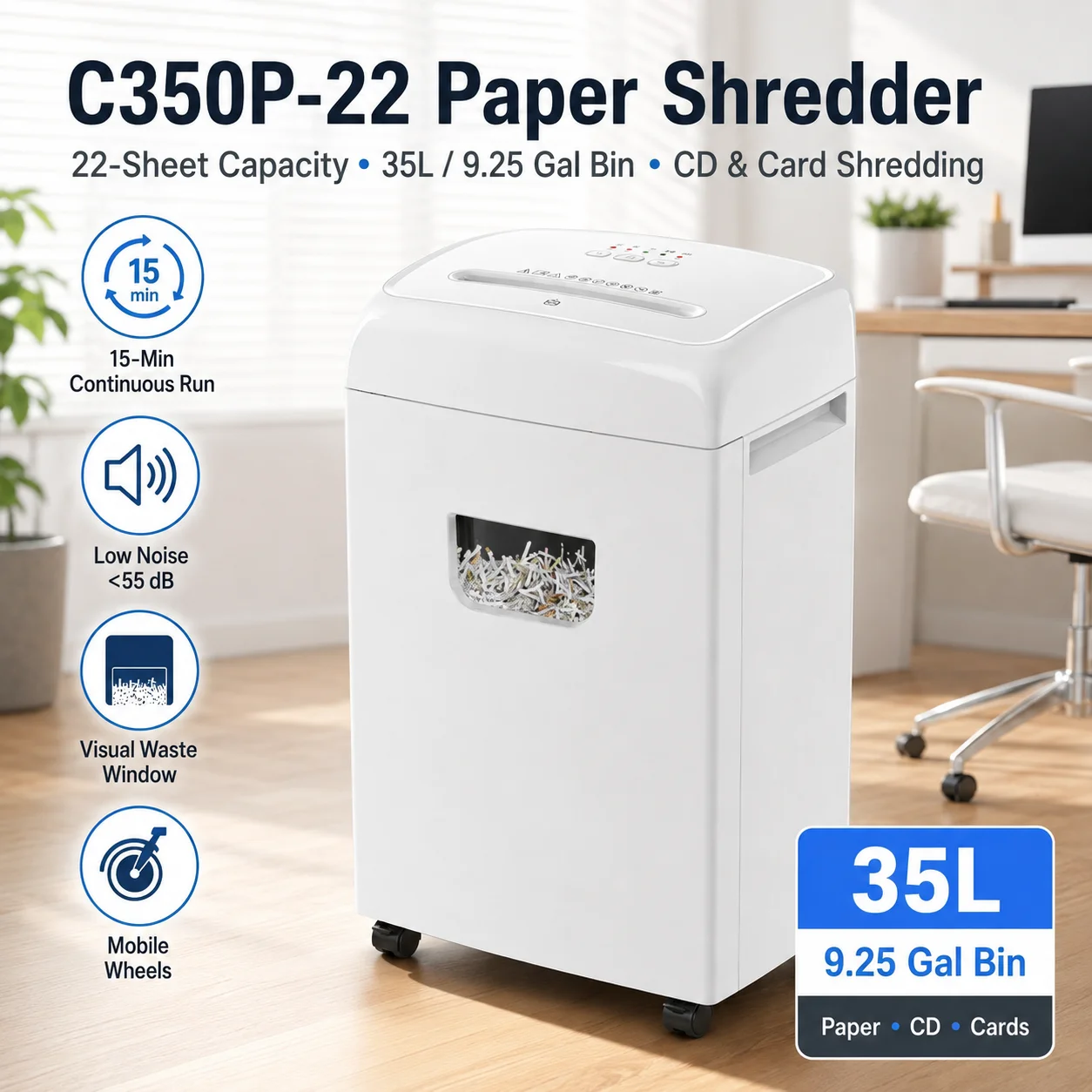 C350P-22 22-Sheet Paper Shredder 35L Bin Quiet Heavy Duty Office Shredder for Credit Cards CDs 15-Min Continuous Run