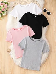 Girls' Cotton T-shirt 4-piece Youth Summer Cotton Pit Strip Knitted Short-sleeved Top Solid Color Breathable Soft Fabric Multi-p