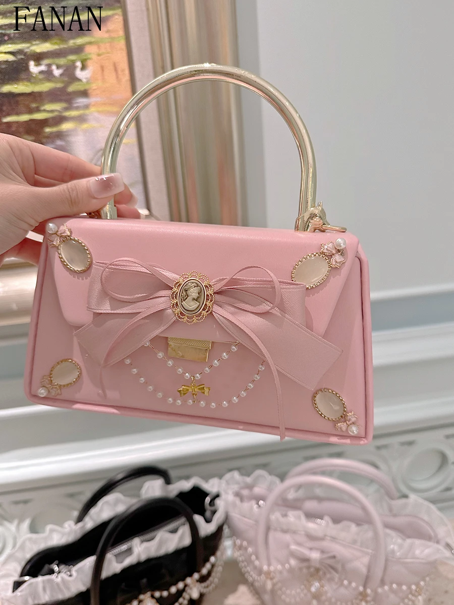 

Women's Handbags Original Pink Bow Tassel Pearl Small Elegant Bag French Retro Kawaii Handbag Cute Top-Handle Bags Femme