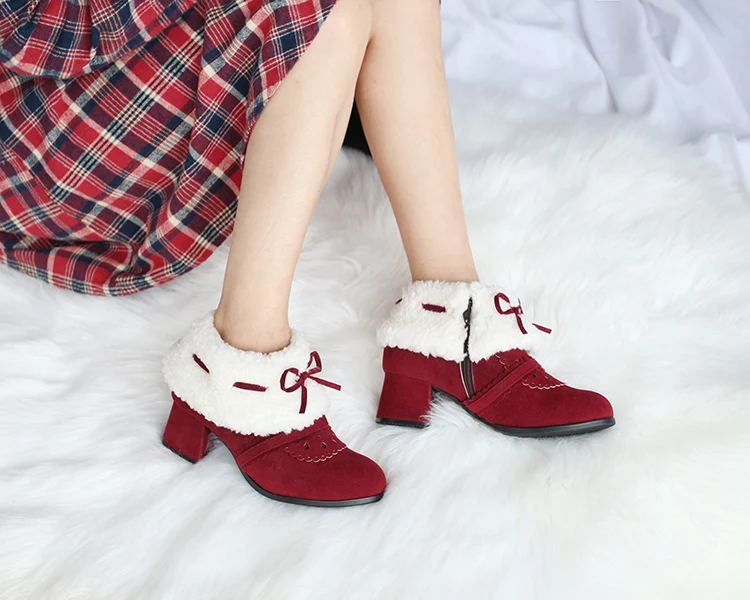 Japanese Warm Lolita Shoes Cute  Sweet Girl Furry Bow Princess Booties Daily Commuting Casual Versatile Plush Snow Boots Winter
