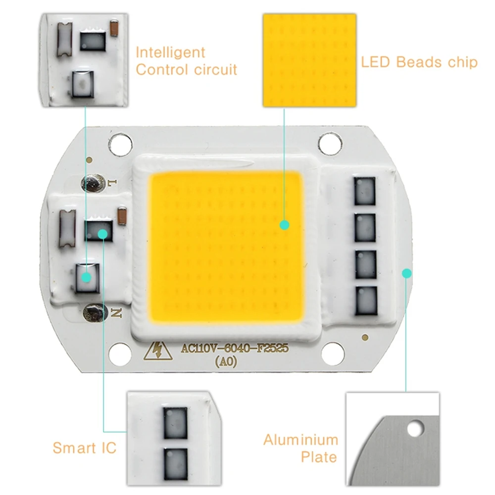 Puce LED COB Smart IC pour lampe de poche à souder, perle de lampe, budgétaire bricolage, pas besoin de pilote, injuste, gible, 220V, 20W, 30W, 50W