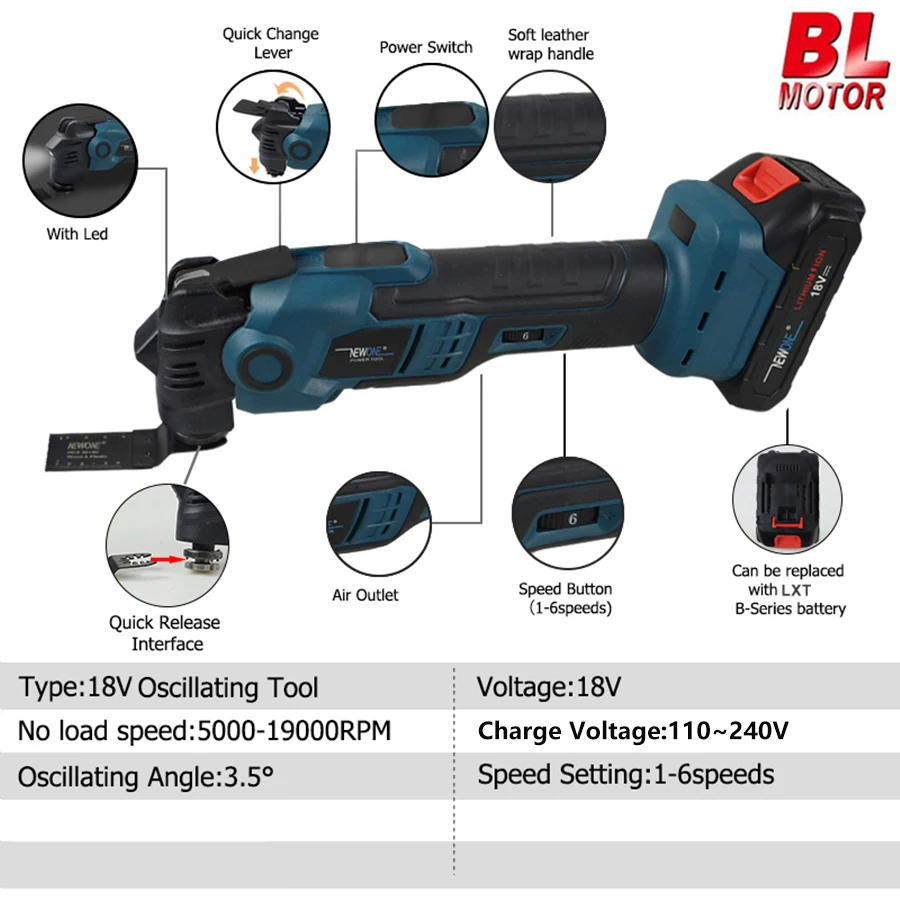 NEWONE 18V Brushless Quick release Oscillating tool Multi functional tool Renovator Electric trimmer Compatible for MAKITA 18V