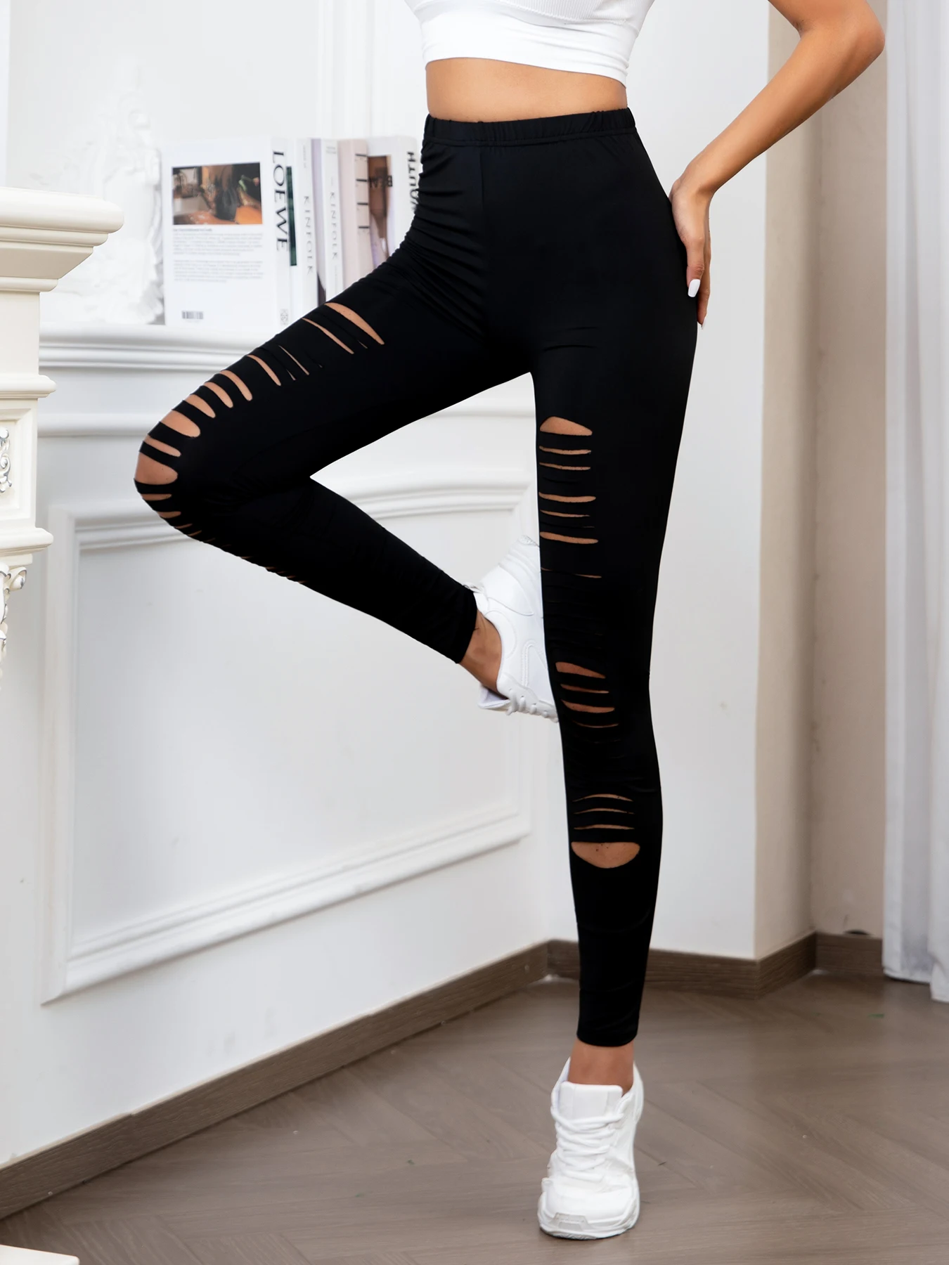 Europe And The United States New High-waisted Leggings Personality Ripped Stretch Nine Pants Solid Color Tight Leggings Women