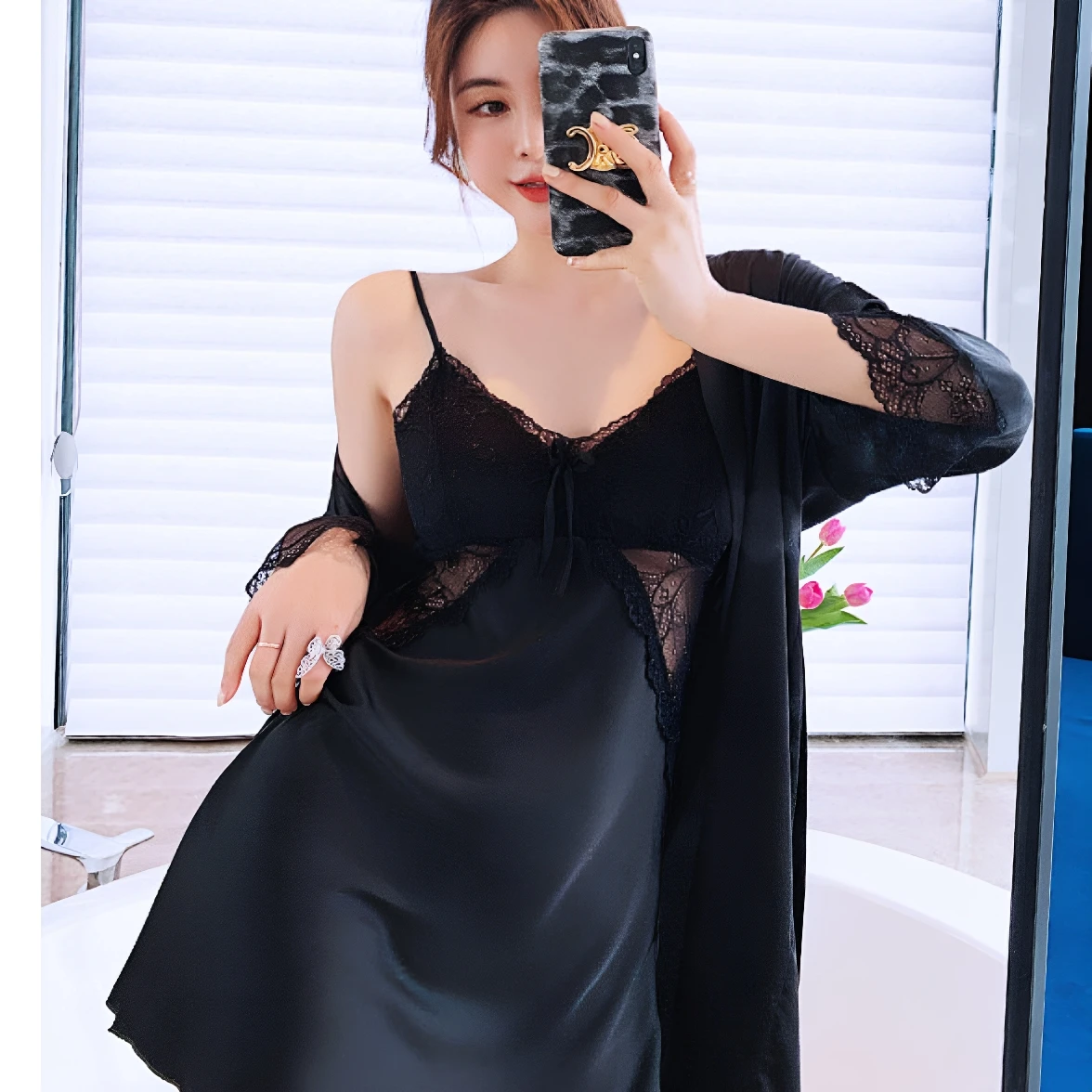 ice-silk-sleepwear-women's-summer-new-thin-silk-strap-sexy-nightgown-robe-breathable-cool-sensual-home-clothes-v-neck-long-sl