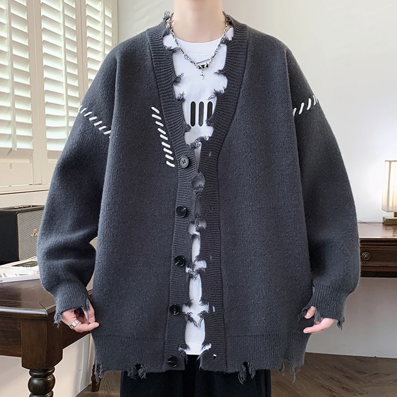 2025 Spring and Autumn New Khaki Black Knitted Cardigan Jacket V-neck Patchwork Casual Loose Dark Gray White Navy Blue Cardigan