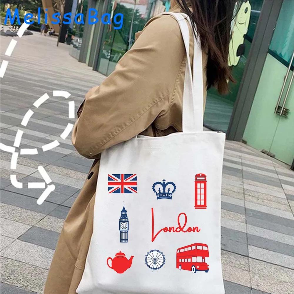 Vintage Big Ben Clock London Bus United Kingdom UK Flag Skyline Landmarks England Lover Gifts Canvas Shoulder Totes Bag Handbag