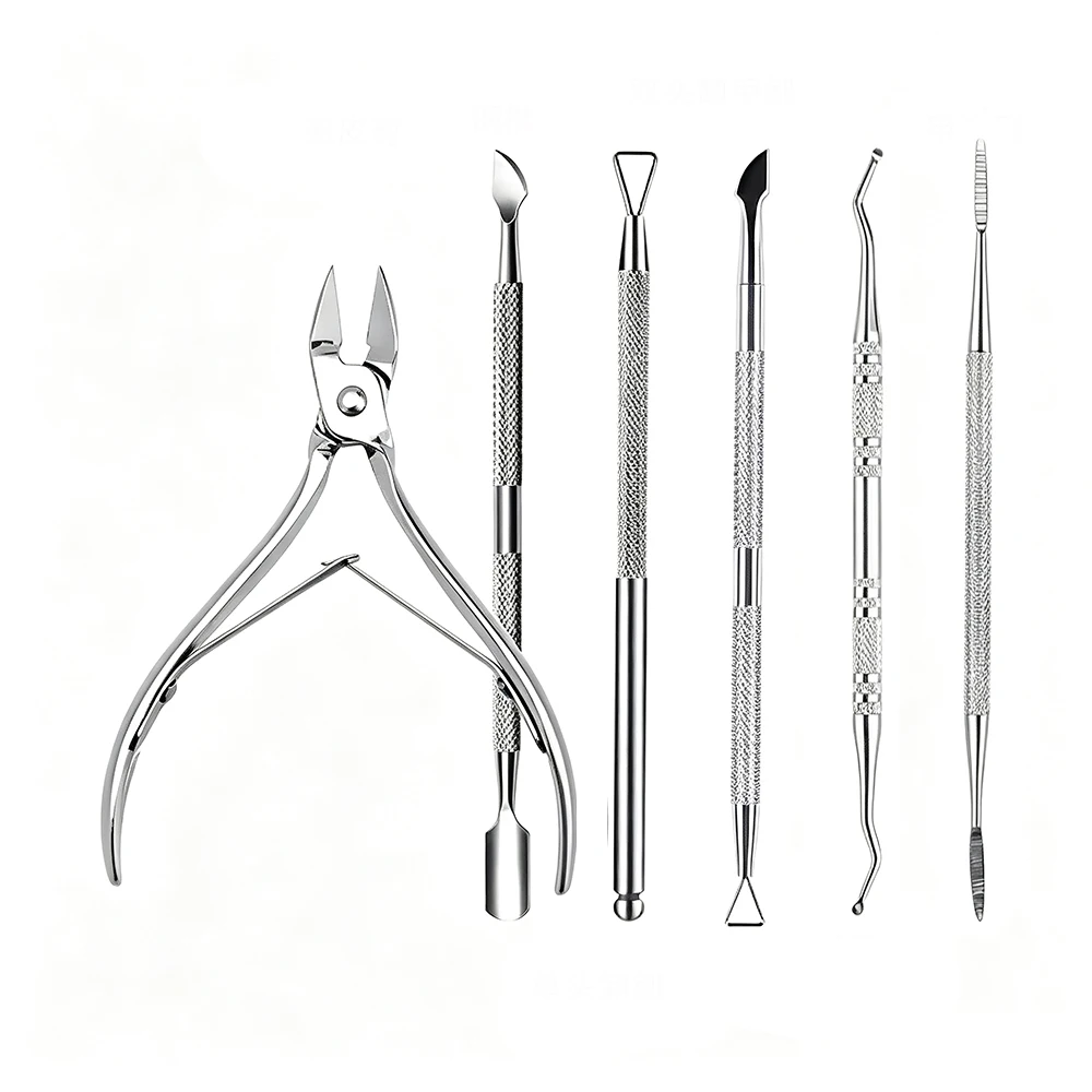 6Pcs Stainless Steel Cuticle Tool Set Professional Cuticle Nipper Cuticle Pusher Dead Skin Remove Nail Trimmer Manicure Pedicure