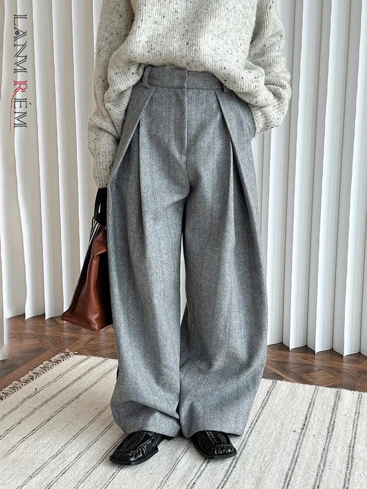 

[LANMREM] Vintage Striped Wool Pant Women High Waist Pleated Wide Leg Trousers Office Lady Warm Clothing 2024 Winter New 26C712