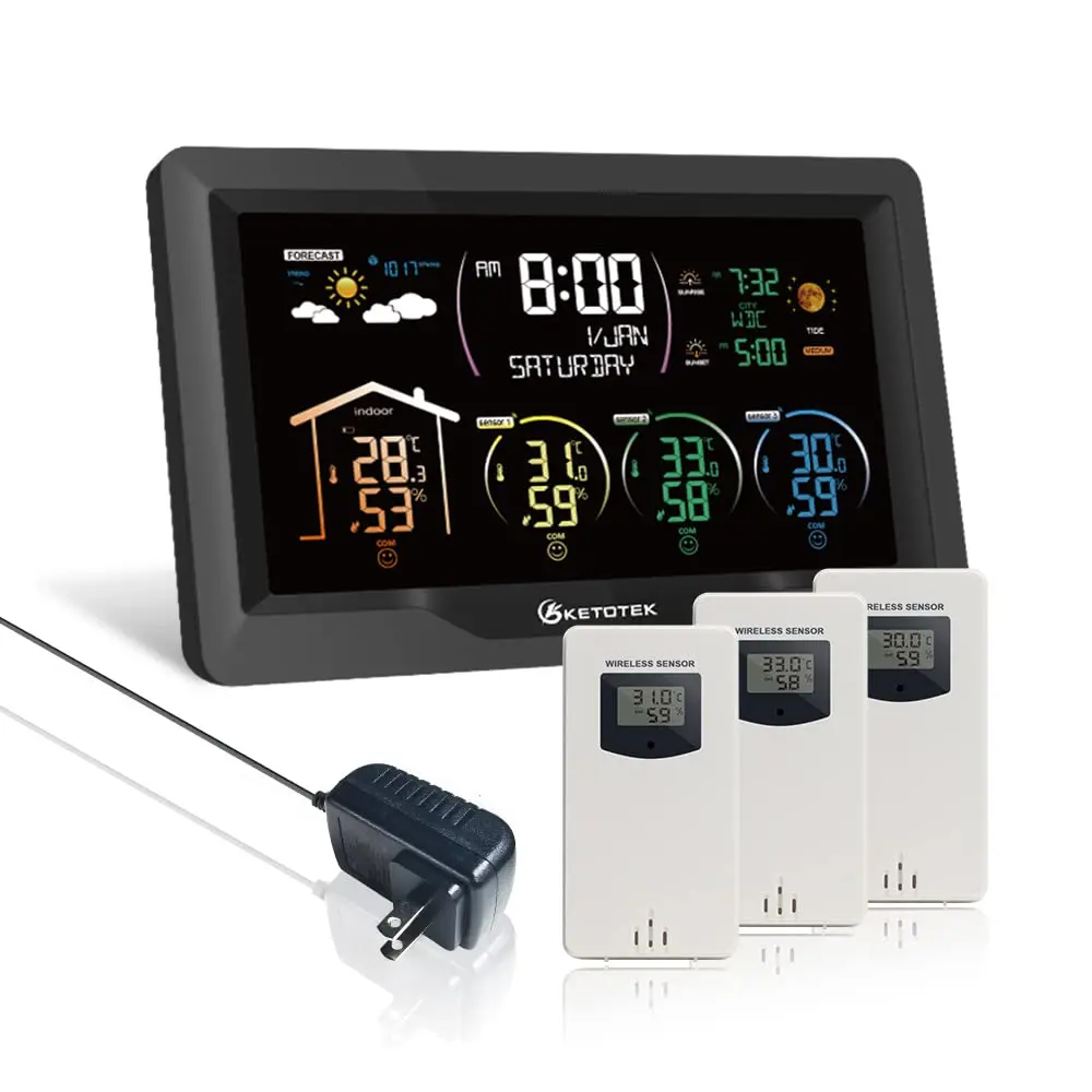 

Wireless Weather Station with 3 Outdoor Sensors, LCD Thermometer, Hygrometer, Barometer, WWVB, Alarm, Forecast, Moon Phase