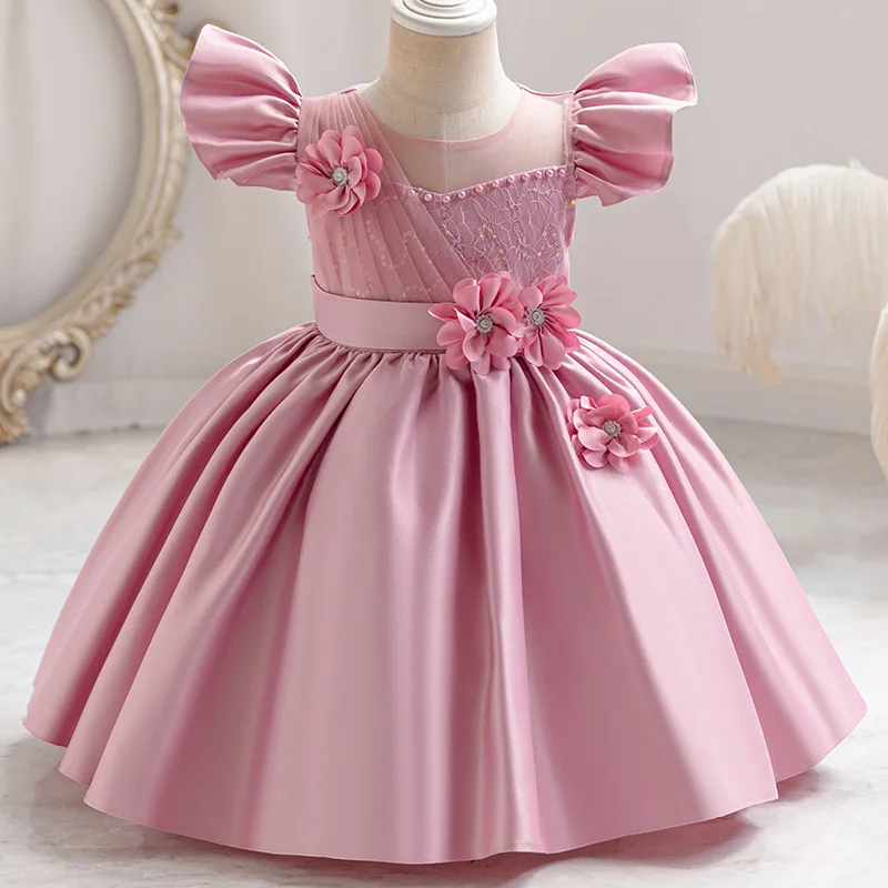 HETISO Summer Girls Casual Princess Dress Children Pearl Wedding Sequined Gown Kids Birthday Party Satin Costume 6M-4 Years