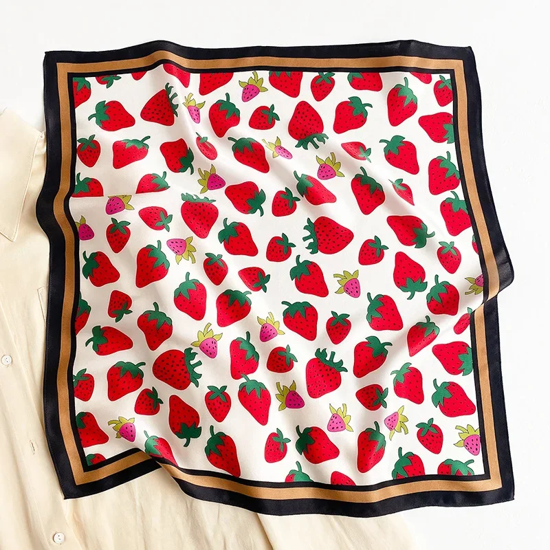 Nature Silk Neck Scarves Lady Foulard Lovely Strawberry Print 100% Real Silk Square Scarf for Women Bag Ribbon Hairband Kerchief