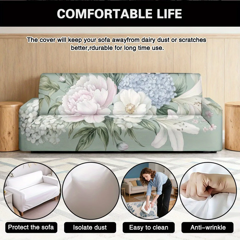 1pc Elegant Watercolor Peony Hydrangea Print Stretch Sofa Cover, Sage Green Floral Couch Slipcover for Shabby Chic Home Decor