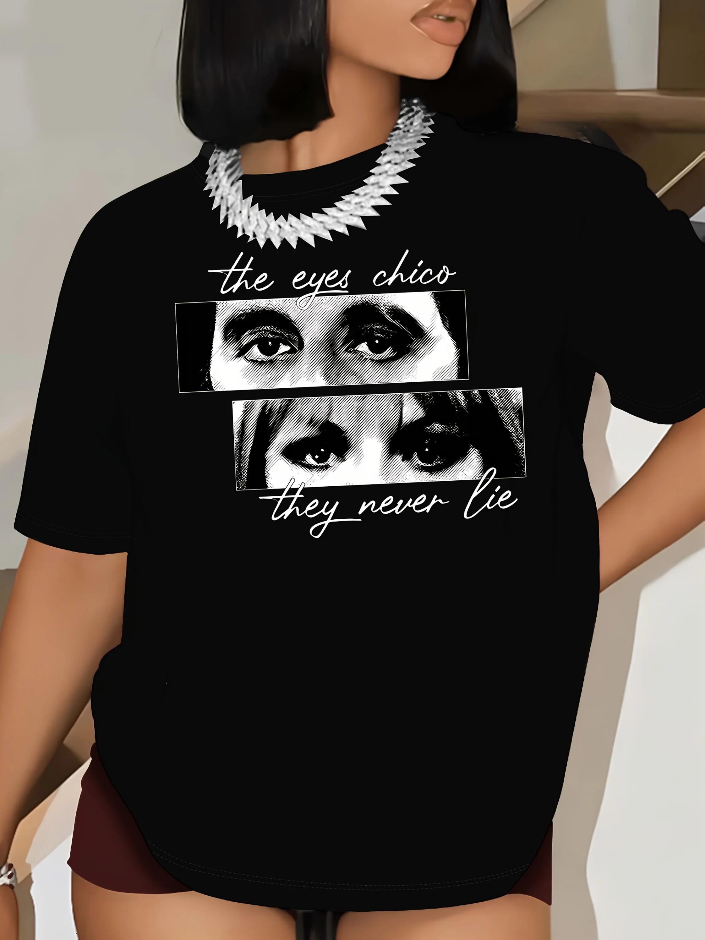 

The Eyes Never Lie — футболка с принтом и портретным узором для женщин, повседневная женская футболка с короткими рукавами весной и летом.